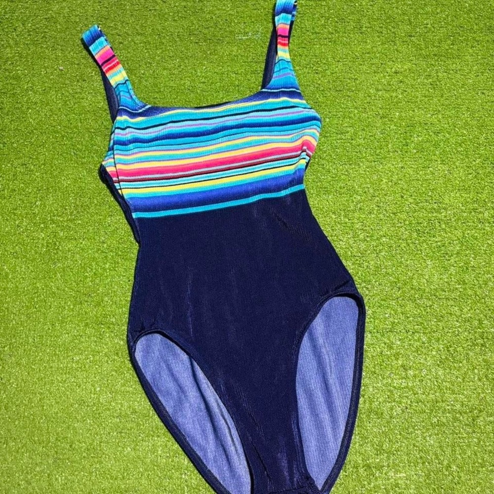 Vintage Y2K Beach Native Western Stripe One‎ Piece Swimsuit Pull On